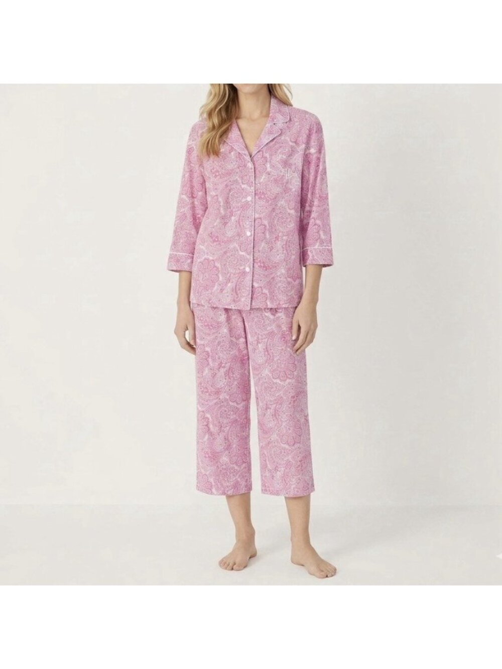 L Ralph Lauren Pajama Set Crop Women’s M Cotton Pink Paisley Cottagecore Preppy